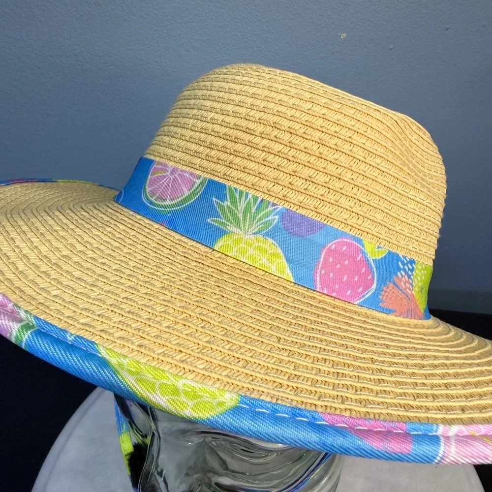 Tommy Bahama Kids Straw Sun Hat Tropical Fruit Print Wide Brim Adjustable Strap
